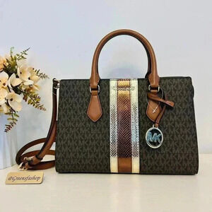 Michael Kors Purse Medium Sheila Signature Logo and Metallic Satchel Brown